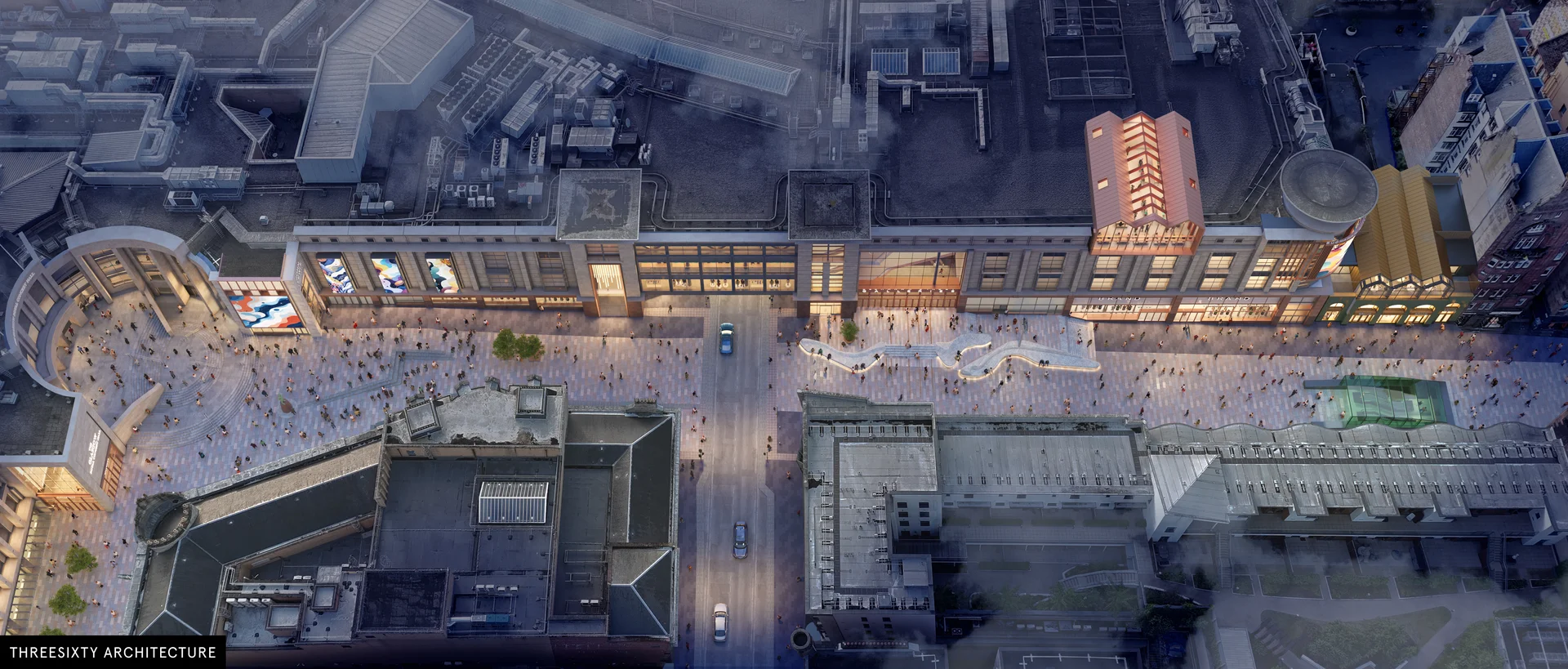 **Aerial architectural rendering** of the proposed **Buchanan Galleries** redevelopment area in Glasgow, showing a high-level view of the vast pedestrianized public realm, new building designs, and surrounding city blocks.