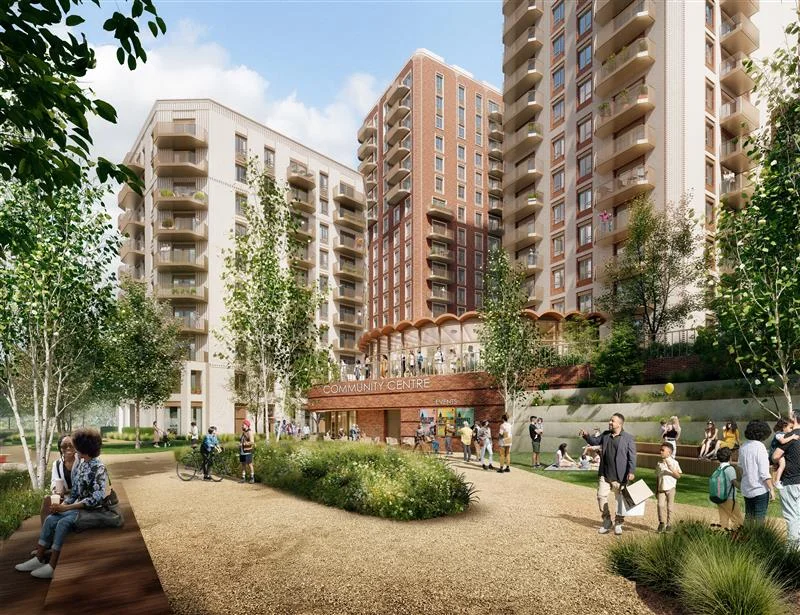 Rendering of the Community Centre at the O2 Finchley Road site. Modern residential towers frame a new public gathering area.