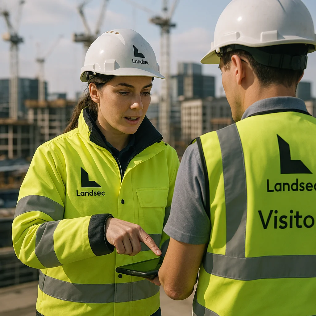Two individuals in high-visibility vests and hard hats discussing on a construction site with cranes and buildings in the background.