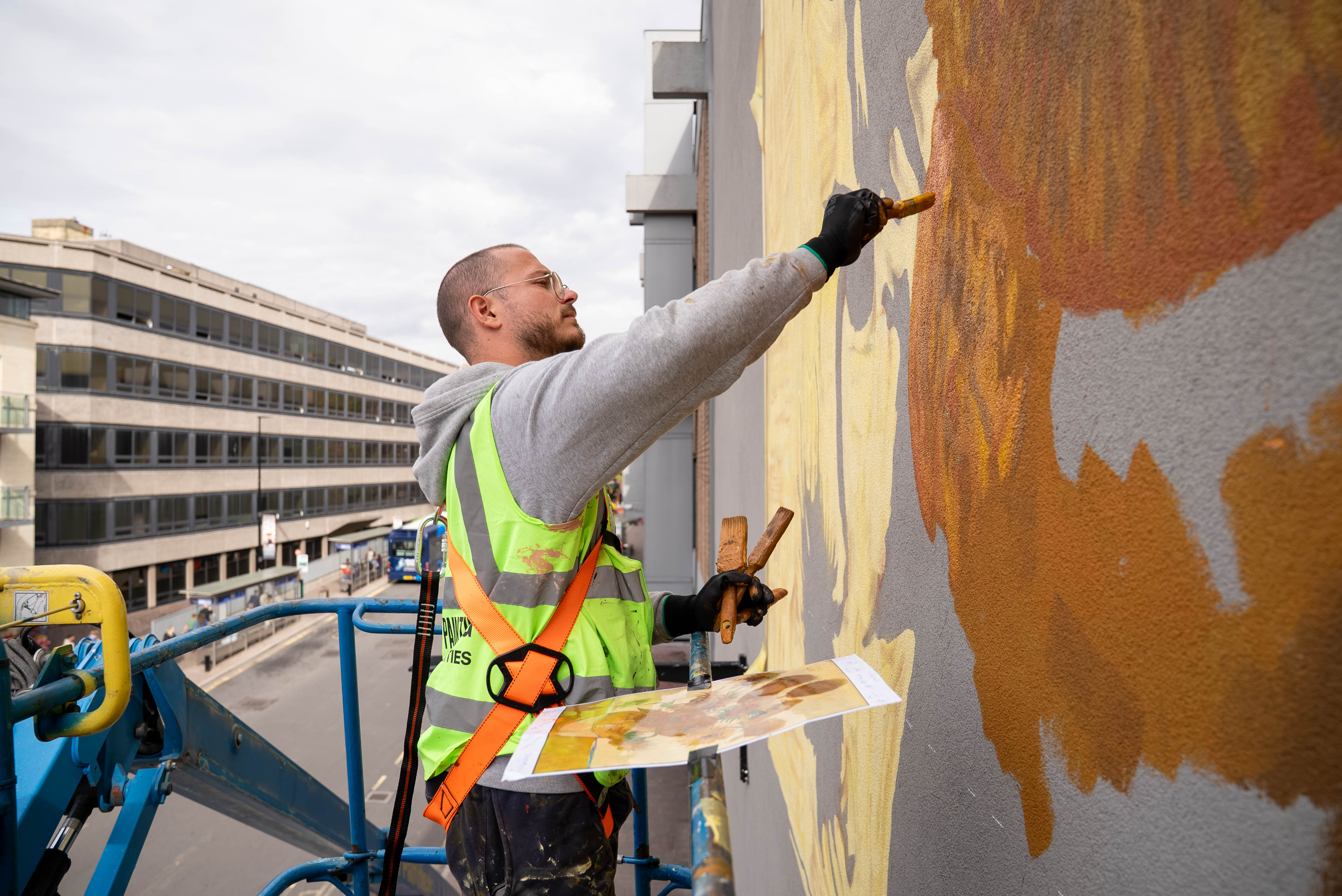 Painting of the Van Gogh Sunflowers mural at Westgate Oxford.