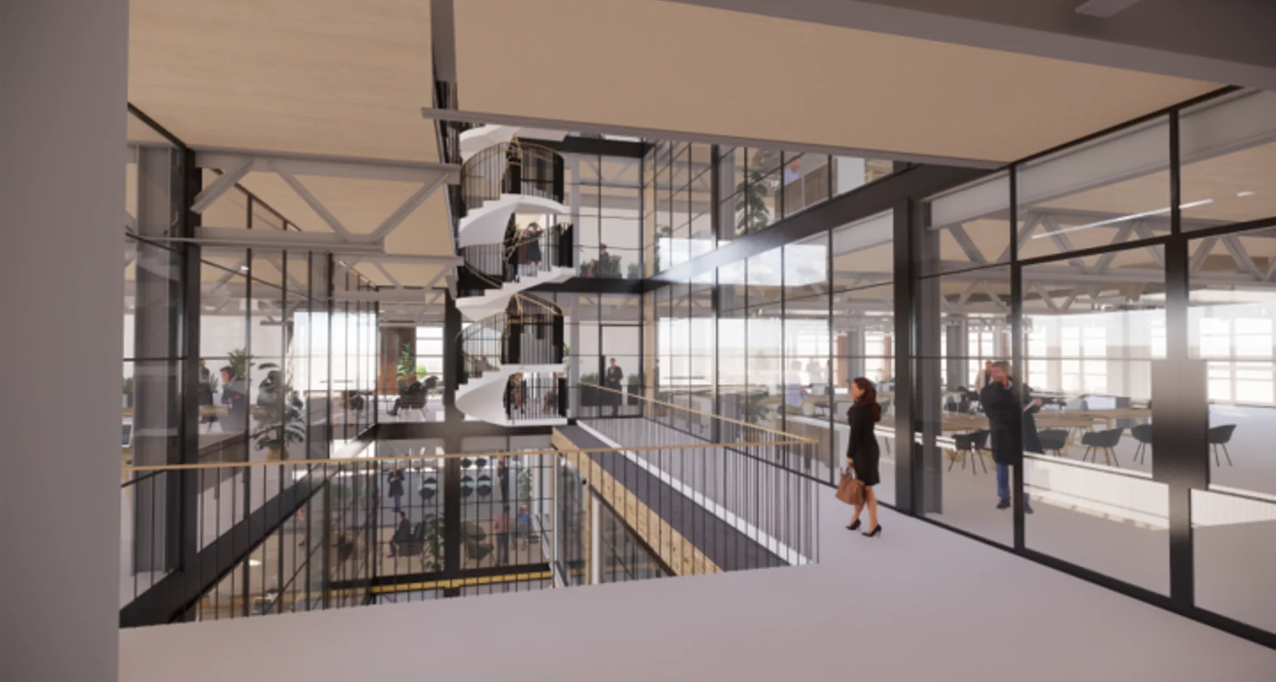 Modern office interior with spiral staircase and glass walls