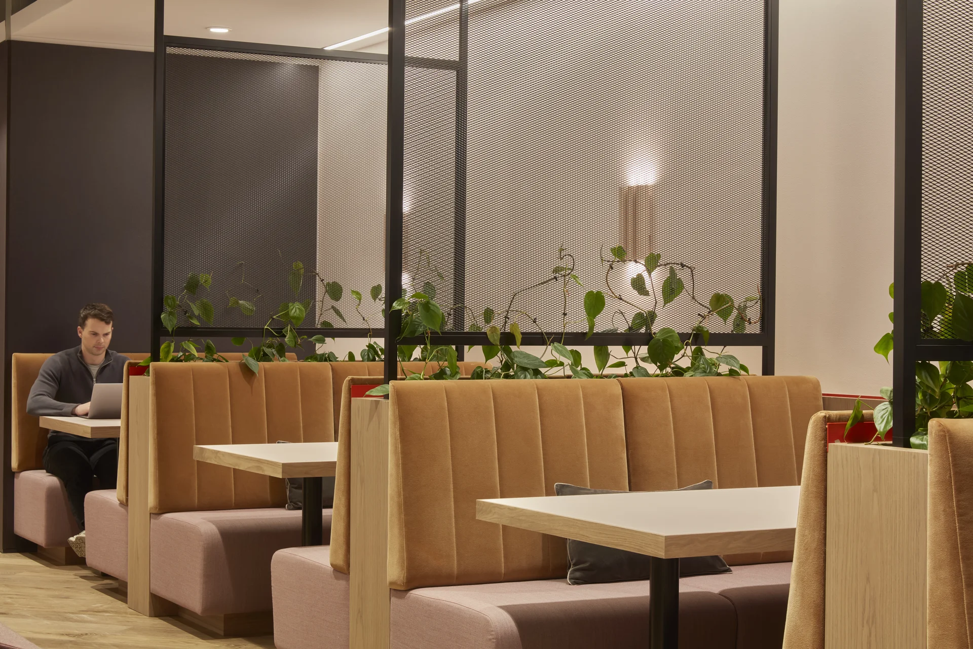 Bright office interior with staircase, burgundy seats, and indoor plants