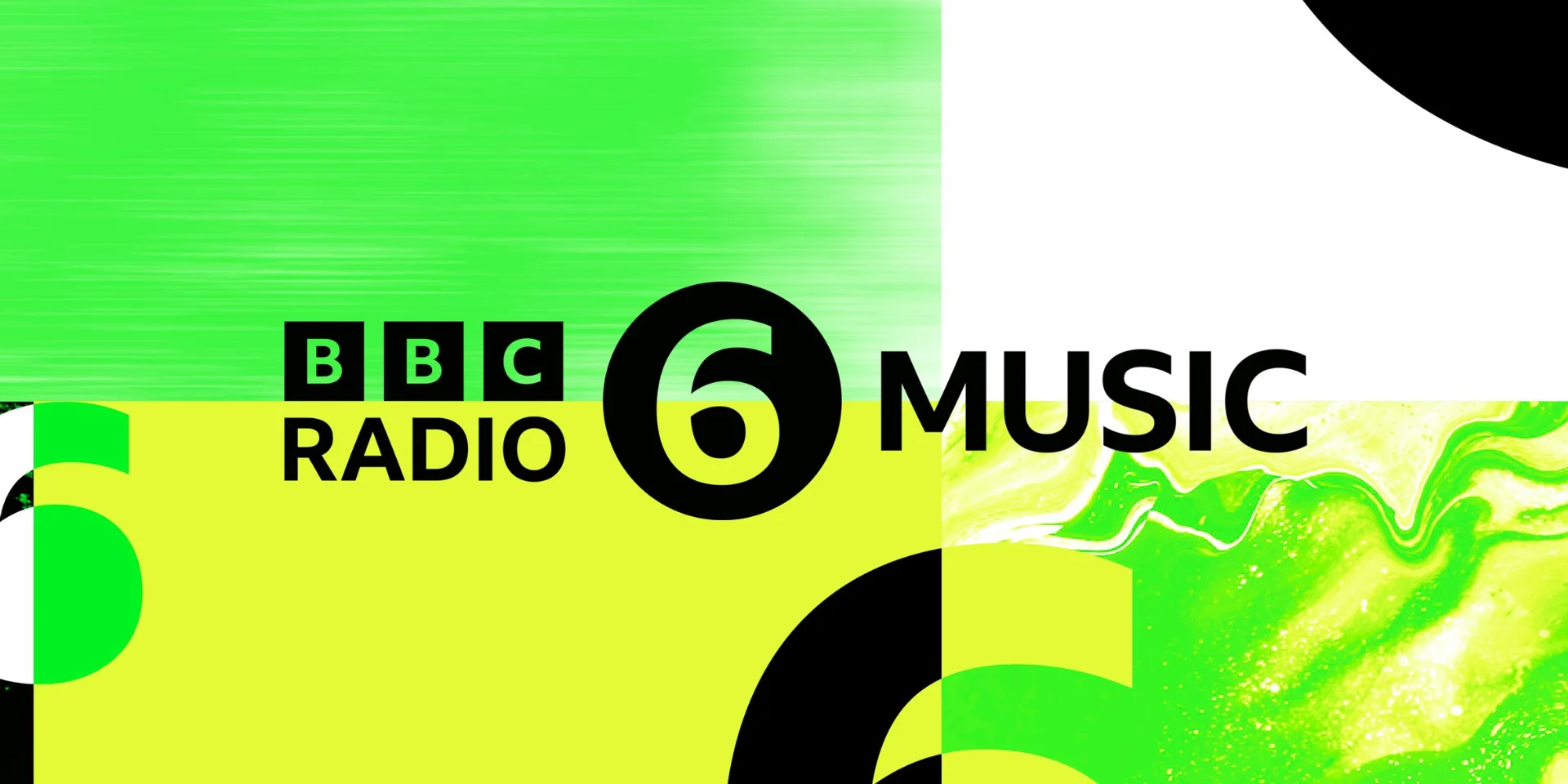 BBC Radio 6 Music logo with bold 6 MUSIC text and the classic BBC boxes, set against a dynamic, neon green background.