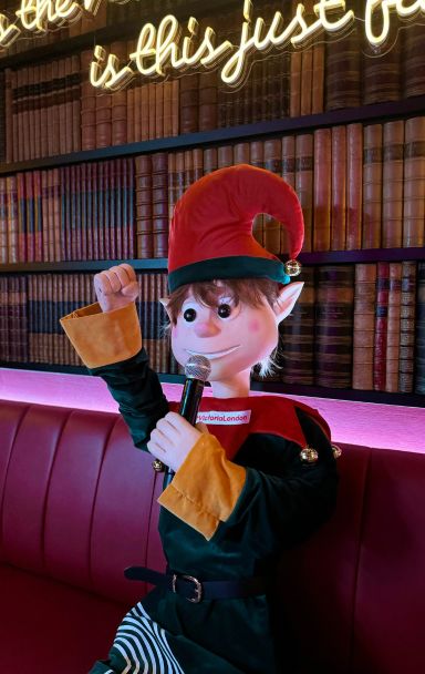 Victor the elf with a microphone in his hand, singing at BAM Karaoke