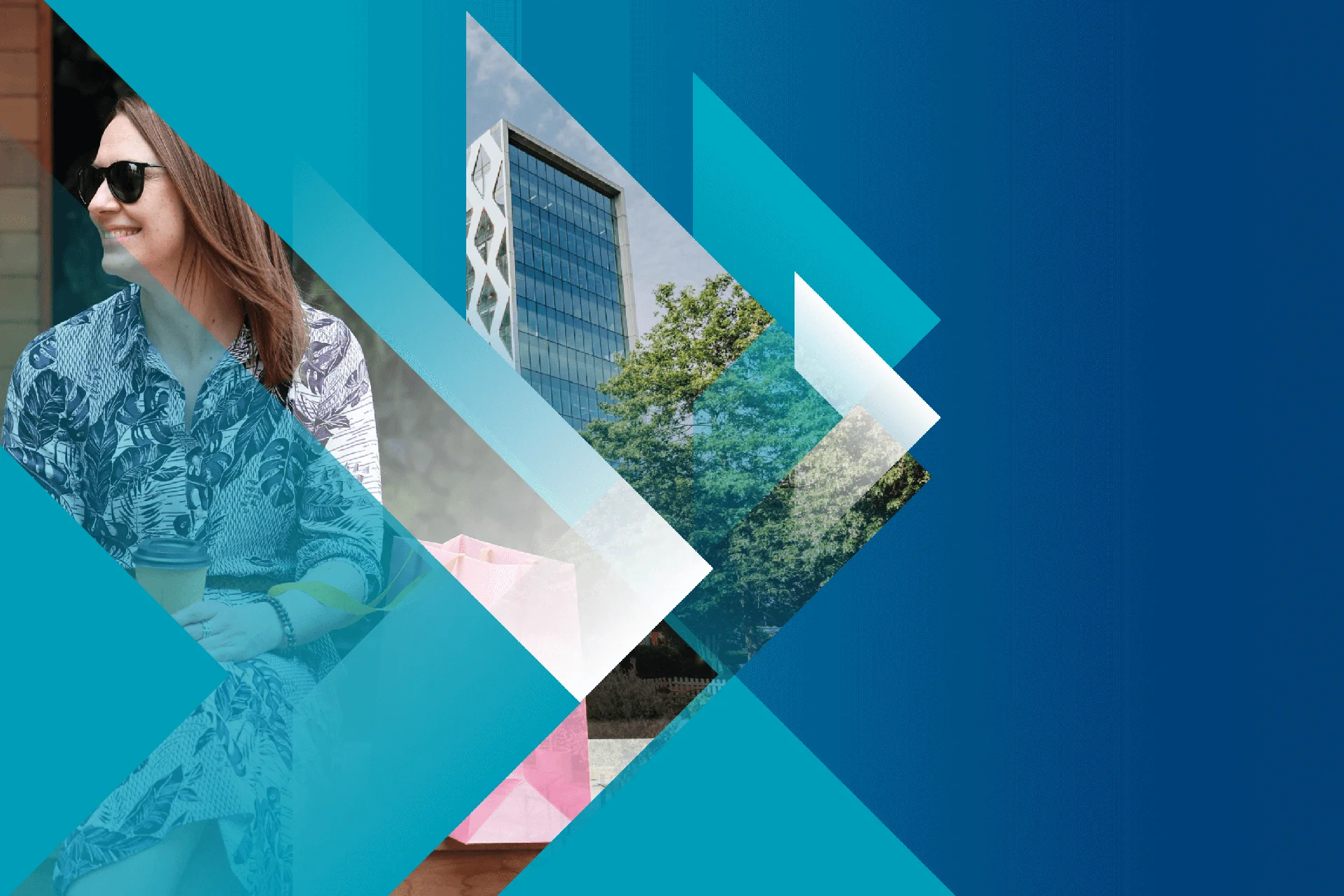 Woman with shopping bags sitting outdoors, blue overlay.