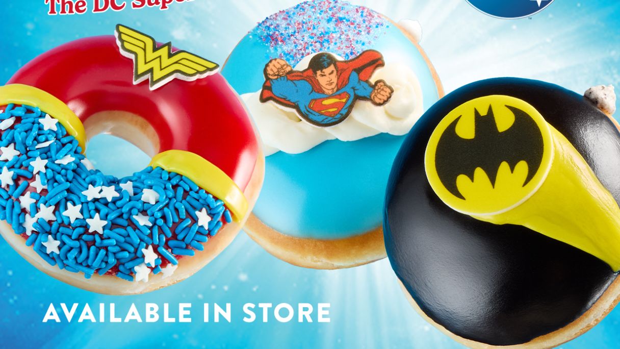 The Wonder Woman, Superman, and Batman doughnuts at Krispy Kreme
