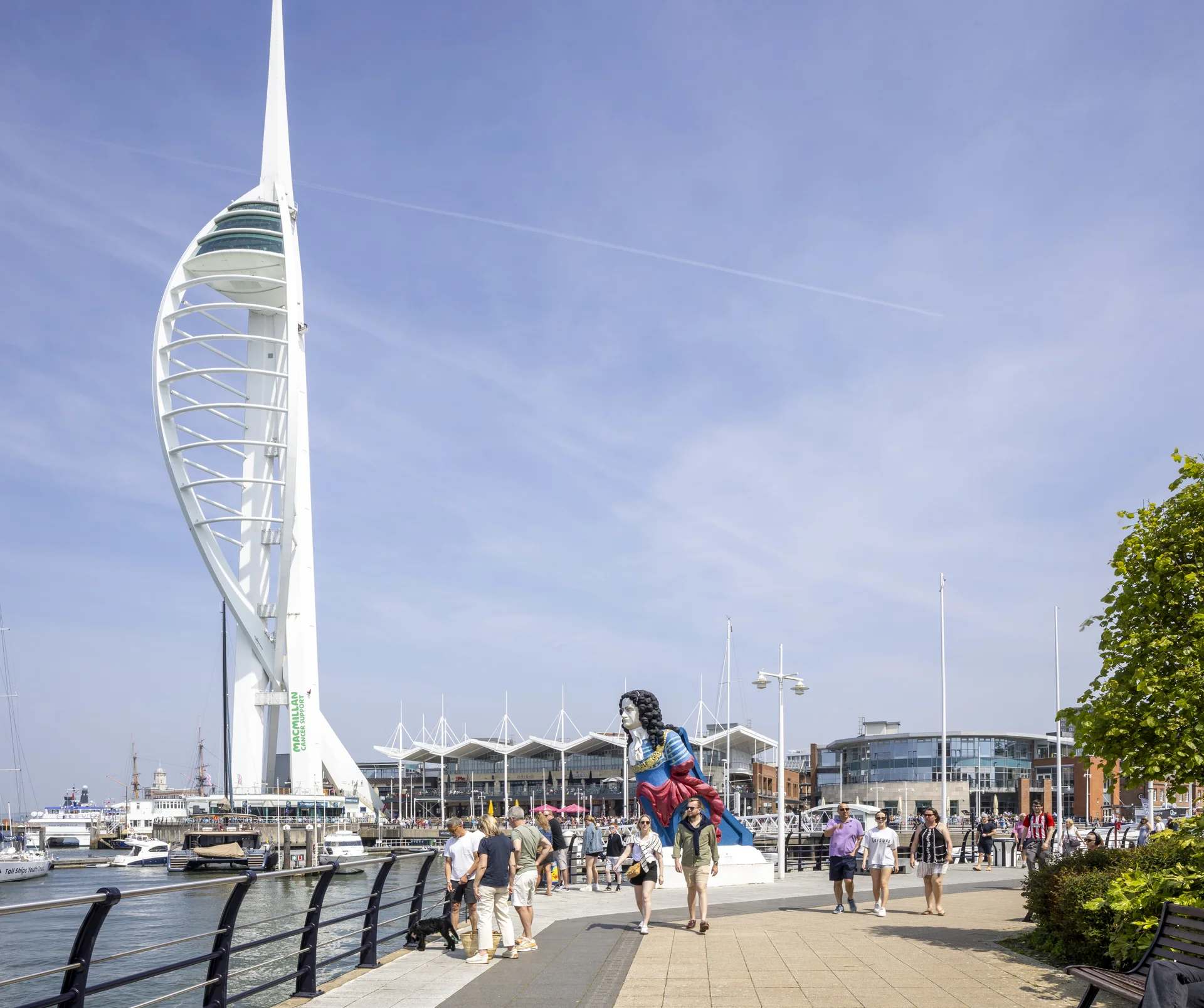 A sunny waterfront scene with a tall, white, sail-shaped tower, people strolling along a promenade, and modern buildings in the background.