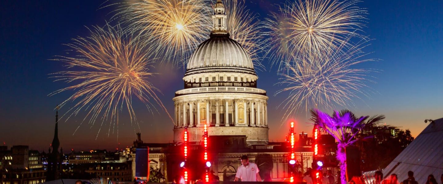 Fireworks setting off from the Madison rooftop in front of St Paul's Cathedral