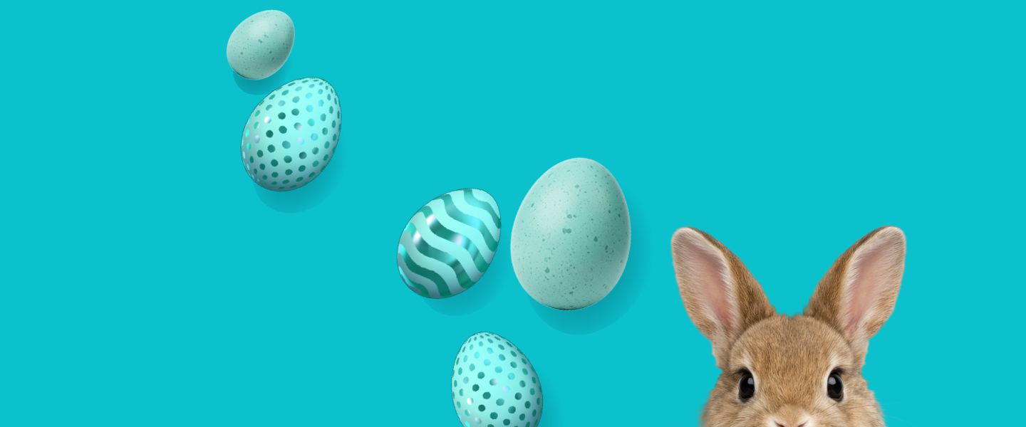 Rabbit peeking up from the bottom right with pastel Easter eggs falling against a bright turquoise background.