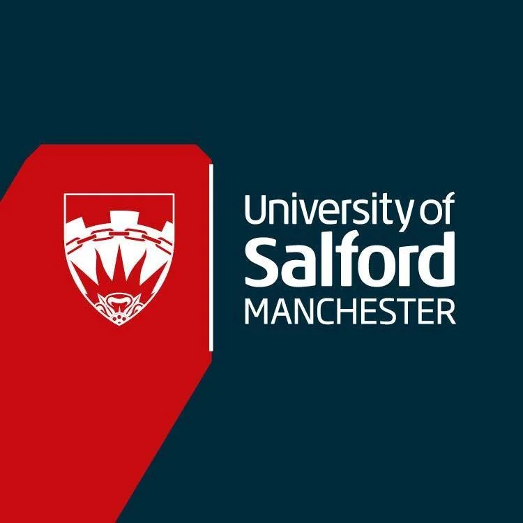 University of Salford Manchester logo with white text on a dark blue background next to the red and white crest.