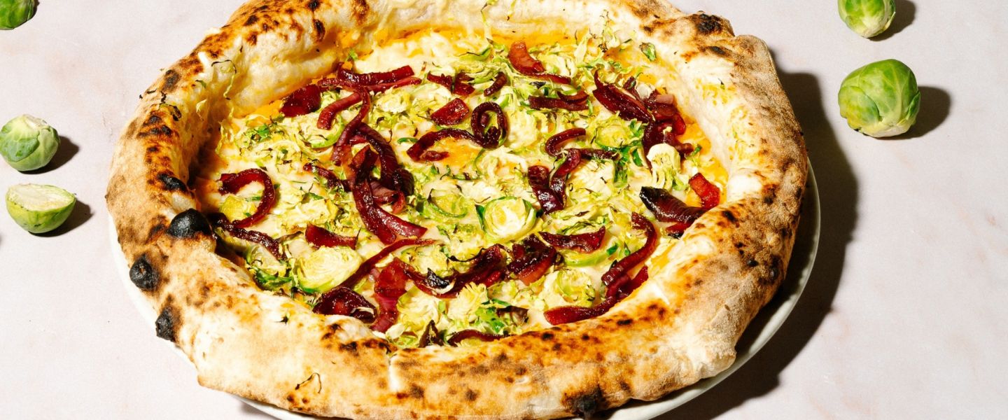 The Veganuary Special pizza from Franco Manca. A butternut squash base topped with Brussels sprouts, caramelised red onion, and vegan cheese
