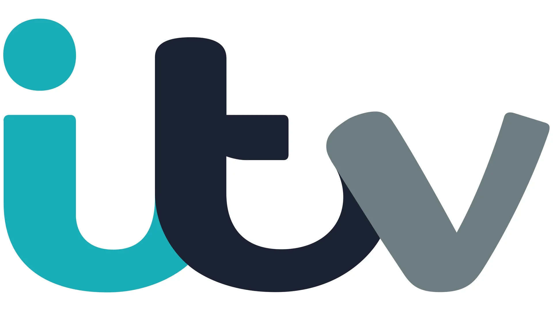The current ITV logo with rounded, stylized letters in blue-green, dark blue, and gray colors for the British television network.