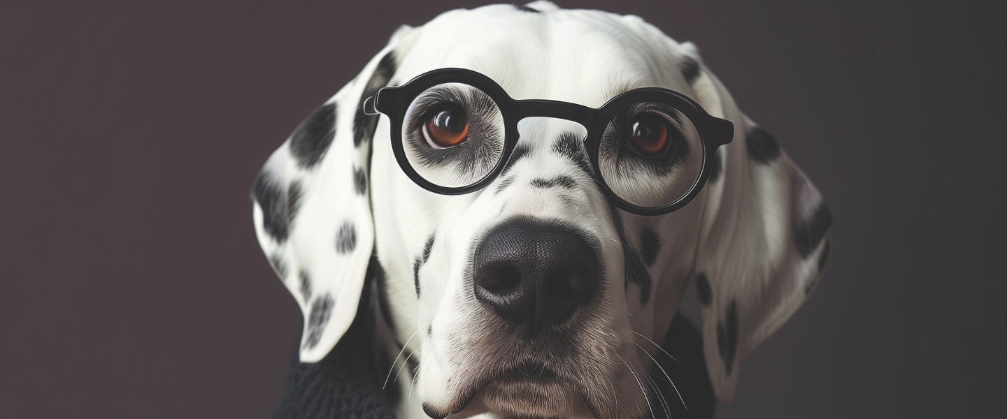 An image of a dalmation dog with glasses