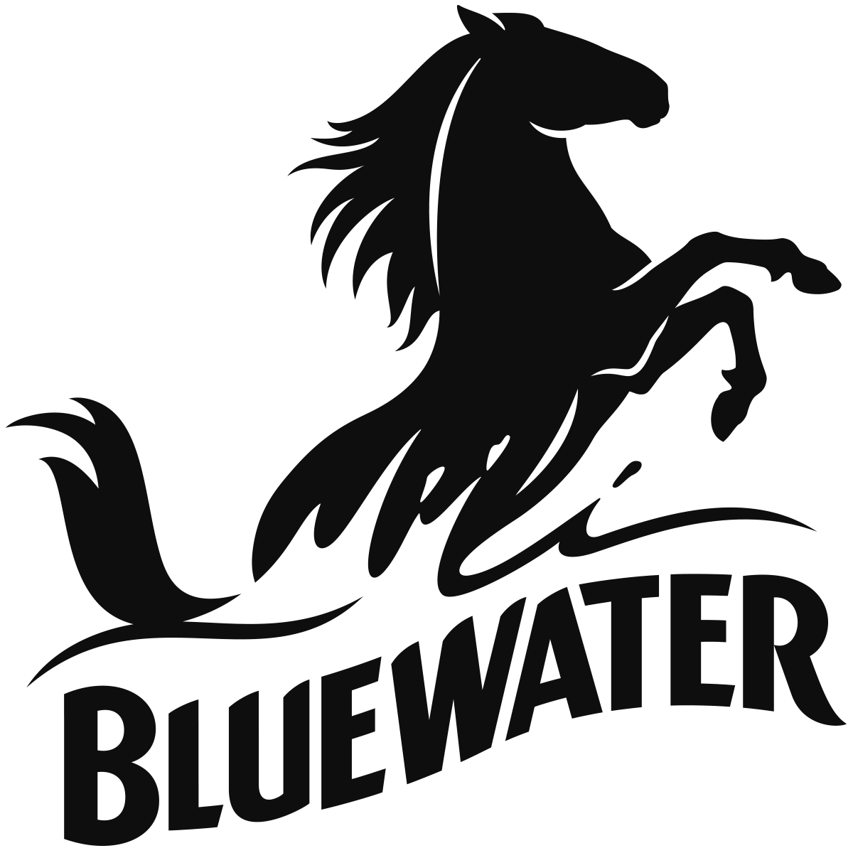 Bluewater logo with a stylized rearing horse and flowing design.
