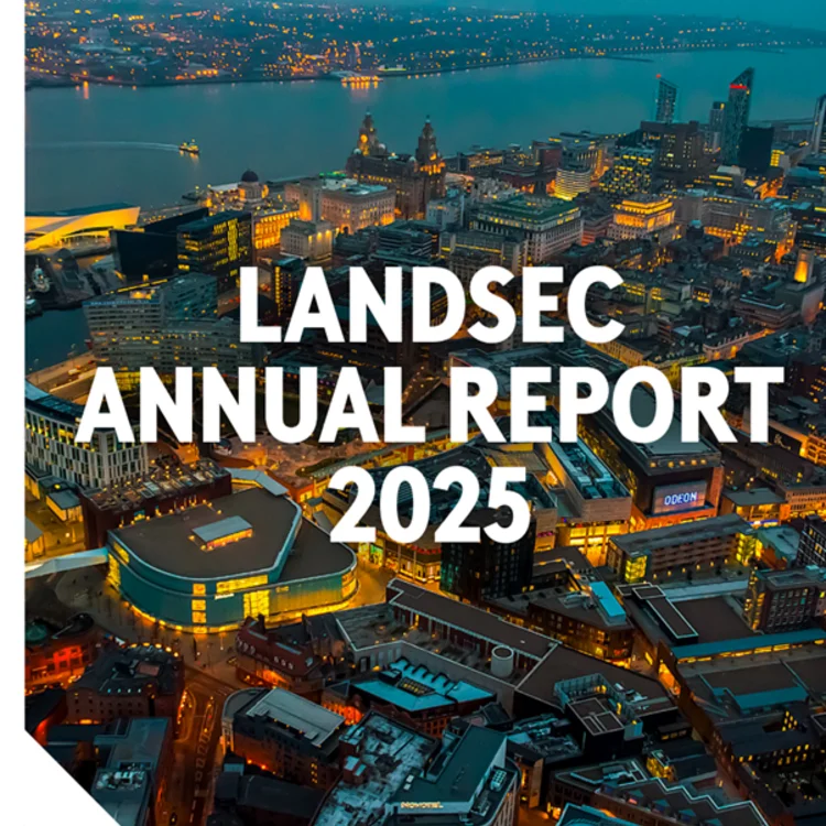 **Landsec Annual Report 2025** cover image showing an urban cityscape at night.