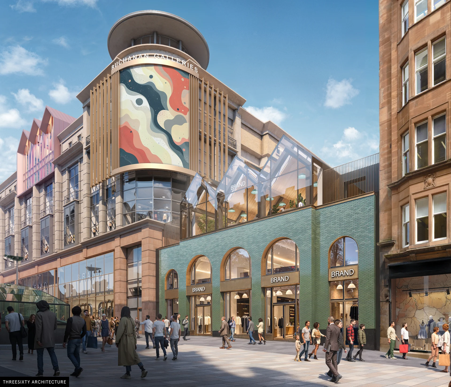 **Architectural rendering** of the proposed **Buchanan Galleries** redevelopment in Glasgow, showing a modernized building with a circular roof feature, large colorful public art mural, and new **BRAND** retail units with a teal tiled facade.