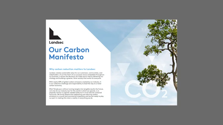 Cover of 'Our Carbon Manifesto' by Landsec, featuring the title, a statement on carbon reduction, and a CO2 graphic.