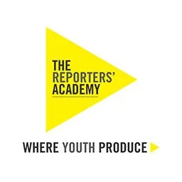 The Reporters' Academy logo with white text inside a large yellow play-button triangle, and the slogan "Where Youth Produce".