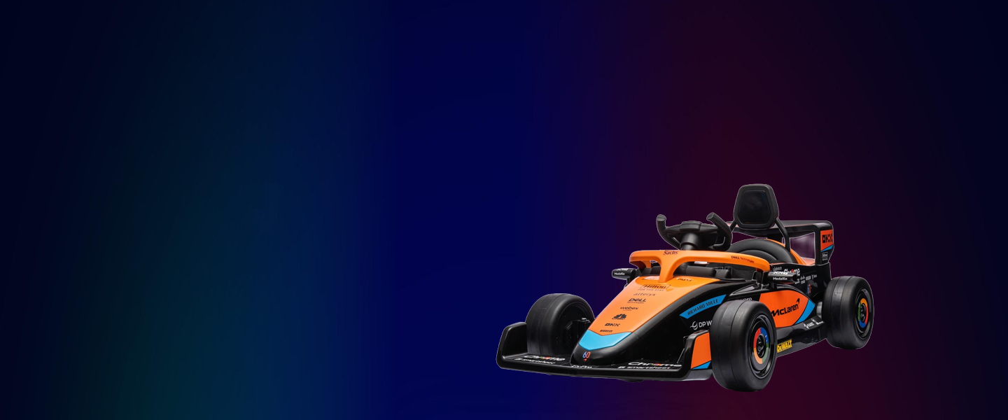 A graphic of the McLaren F1 toy car with the Formula logo displayed behind