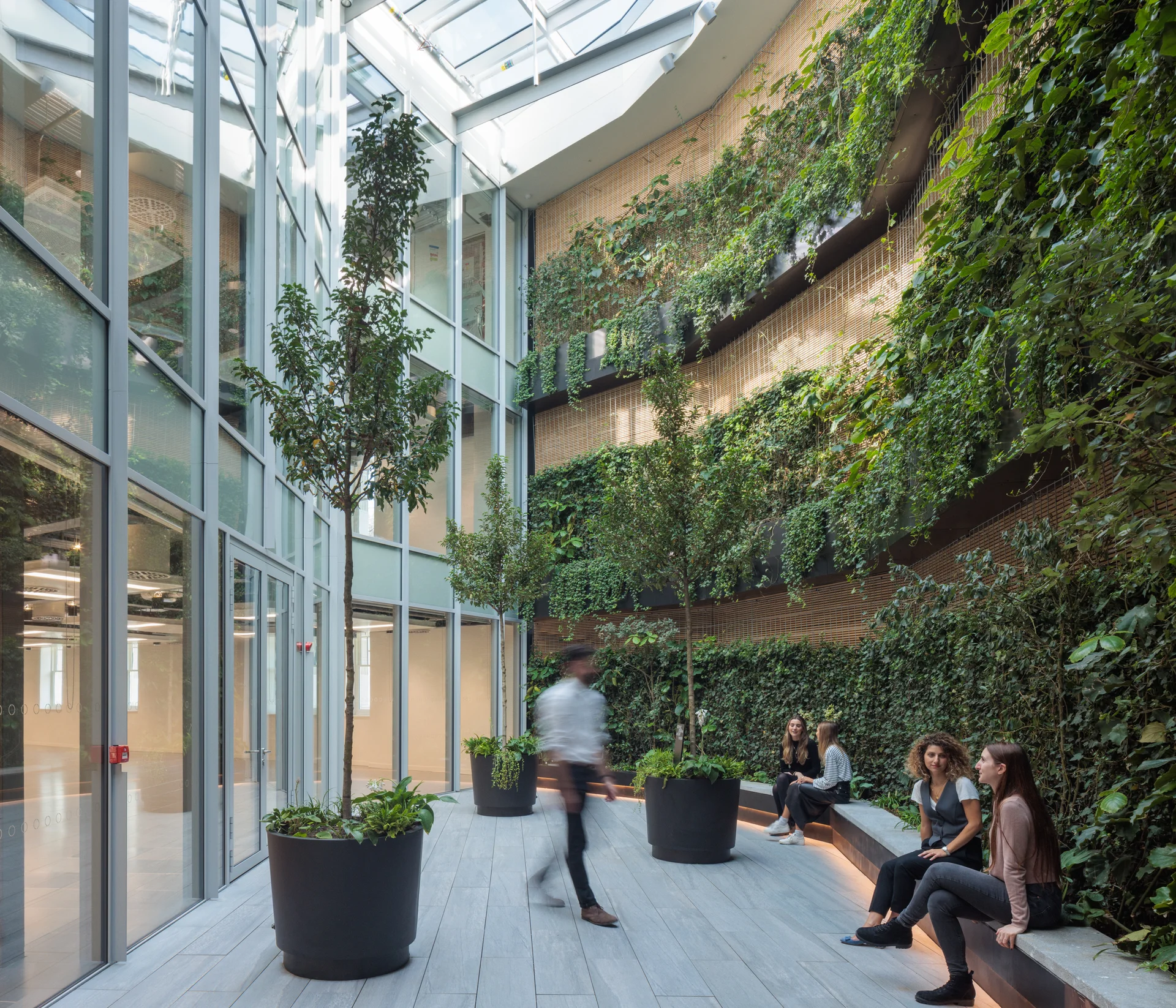 Green walled garden atrium with plants and people relaxing on benches