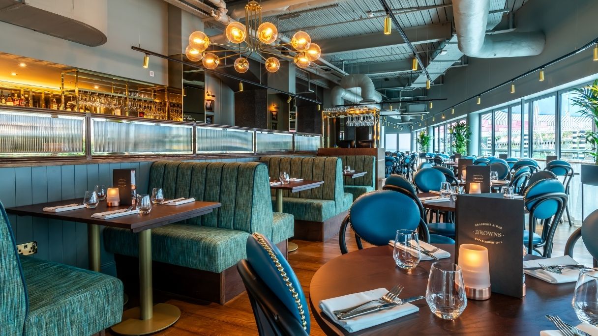 The main seating are at Browns, showing blue booths and brown tables