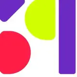 Abstract, vibrant logo design with shapes in purple, red, and neon green, possibly for a creative or media company.