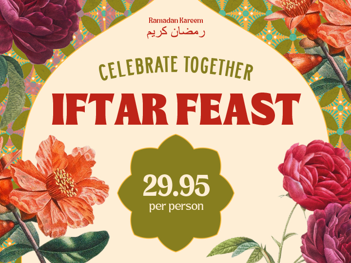 A poster style image with flowers and bold writing inviting people to Iftar Feast in red, the date and price in green 