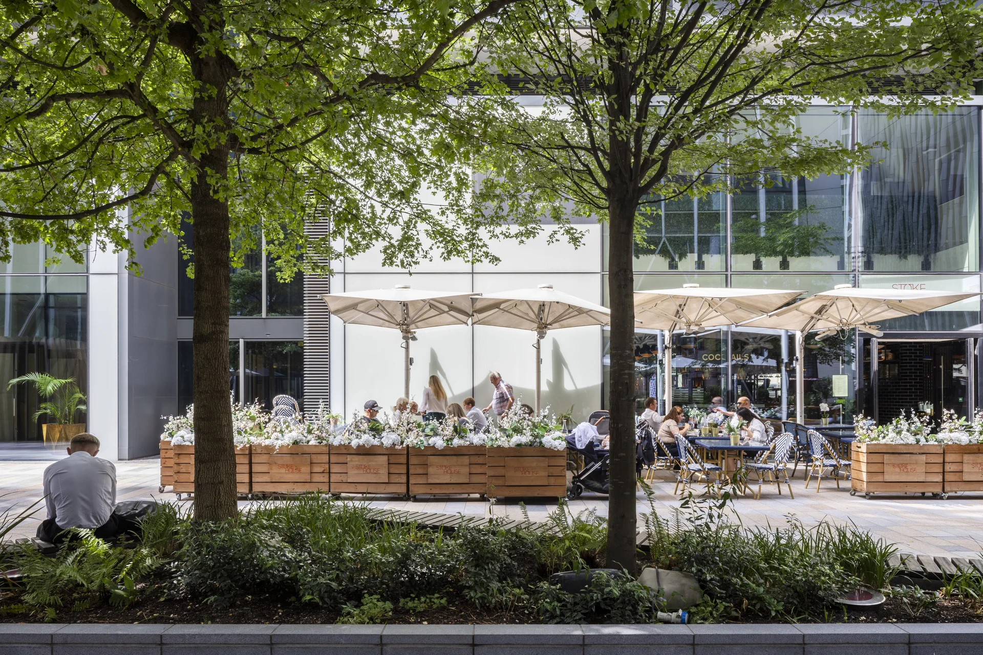 Outdoor café with people dining under umbrellas, surrounded by greenery and modern glass buildings.