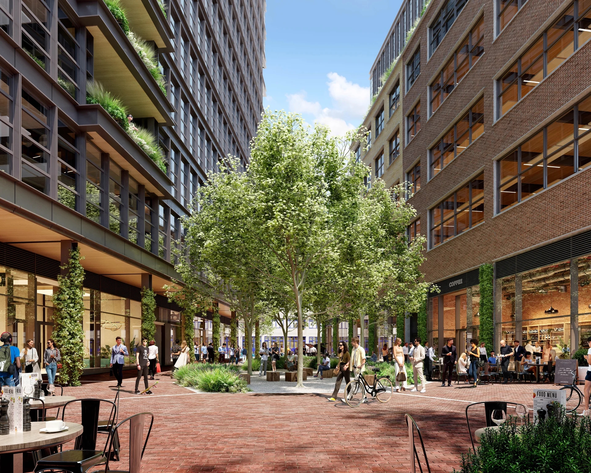 Brick public square with trees surrounded by modern office buildings, people walking and dining outdoors